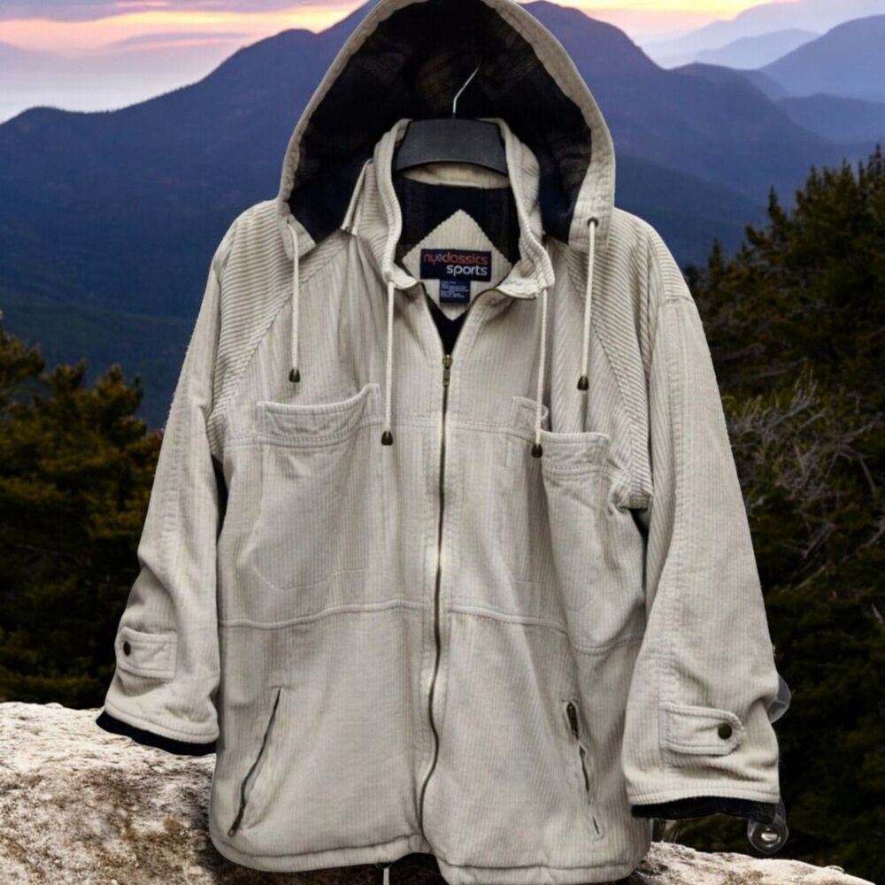 NY Classics Sports Corduroy Hooded Jacket Womens Large Beige Flannel Lined